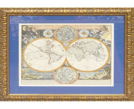 Homann Heirs (fl. 1730- 1848), after, print Twin Hemisphere World Astrological Map. Framed behind glass. Size incl. frame, He