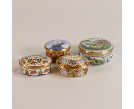 Four Trinket Boxes, includes three Halcyon Days 1996 and 1998, James Purdey Bilstone example and one Royal Worcester Nelson C