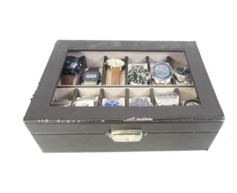 A Collection of Watches including Casio, Ted Baker, Sekonda, Michelin, Esprit examples and one faux Rolex. In distressed leat
