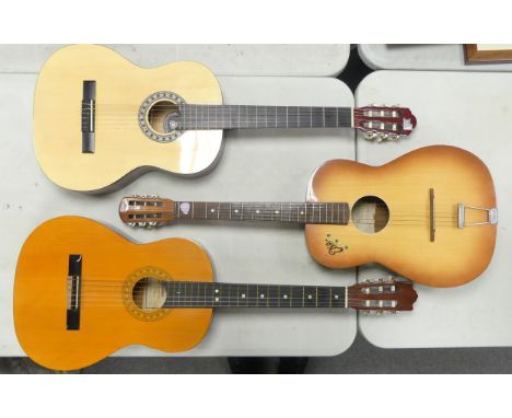 1960's Eko P2 Acoustic Parlour Guitar together with Hohner Concerta Classical Guitar and beginner CC44 guitar. Knocks and scr