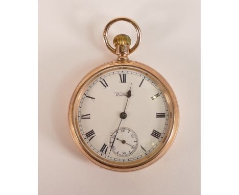 9ct gold Chester hallmarked keyless Waltham Traveller gents open face pocket watch, gross weight 90g appx., diameter 50mm app