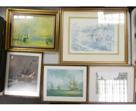 Five Framed Prints to include examples after William M Turner 'The Fighting Temeraire, Charles Brooking, Van De Velde the You