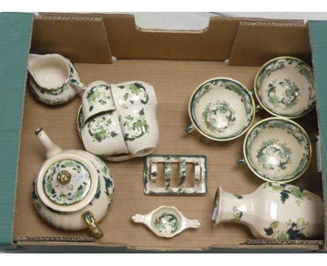 Masons Ironstones, Chartreuse Pattern Items inlcuding Teapot, Teacups and Saucers, Bouillon Cups, Toast Rack etc. (1 Tray)