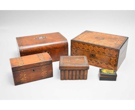 A group of five late Victorian wood boxes, including an inlaid walnut sewing box, 30cm wide; a Tonbridge Ware tea caddy of ca