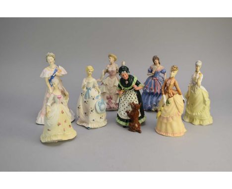 A collection of five Royal Worcester, four Royal Doulton figures and two Wedgwood figurescomprising 'Silks and Ribbons', HN20