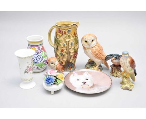 A group of British ceramics, including Beswick models of birds comprising a large owl, small owl, Kingfisher, Kestrel and two