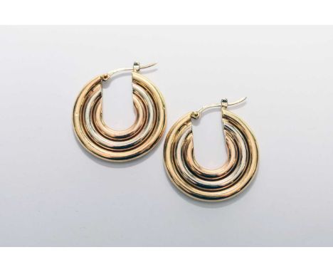 A pair of 18ct tri-coloured gold earrings, each designed as a rose, yellow and white gold graduated hoop, with post fittings,