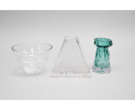 A collection of British and Swedish studio glassincluding a Whitefriars triangular textured bark vase designed by Geoffrey Ba