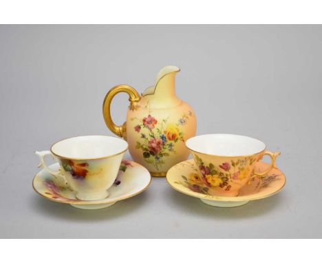 A group of Royal Worcester porcelaincomprising a teacup and saucer painted with blackberries and autumn leaves by James Hadle