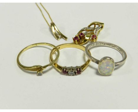 A small collection of jewellery, comprising; an 18ct gold diamond and ruby ring, size L, weight approx 2g, a ruby and diamond