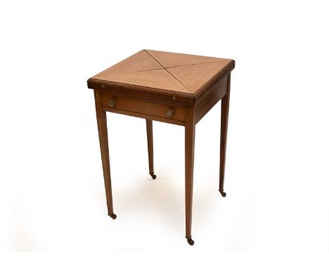 An Edwardian mahogany envelope card table, inlaid with satinwood crossbanding and boxwood and ebony stringing, scratches, ind