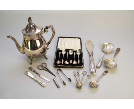 A cased set of six silver figural topped teaspoons, together with a cased pair of cocktail forks, a silver pickle fork, a pai