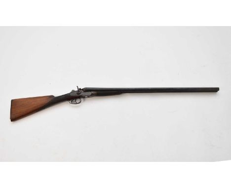 A Belgian Acier Cockerill double barrel, 12 bore shotgun, side by side hammer action, engraved lock, walnut butt, chequered g