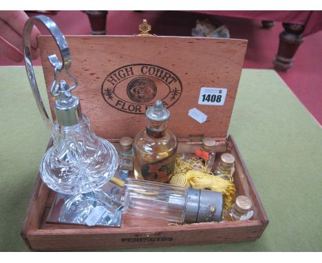 Vintage Perfumerie - A circa 1920's/1930's Art Deco cut glass perfume spray, bottle hanging on a chrome 1/2 moon stand, a Vic