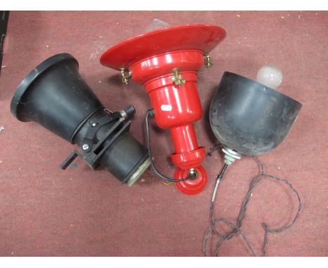 An Industrial Ceiling Light in Red, Horstmann example in black, projector light. (3)