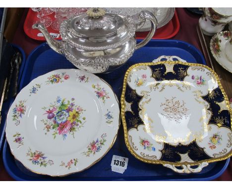 Coalport Cobalt Blue, Gilt and Floral Bread Plate, two Hammersley plates, Walker &amp; Hall plated teapot.