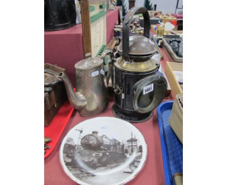 Vintage Railway Lamp (unmarked); Mappin &amp; Webb plated coffee pot; together with a plate of a steam engine.