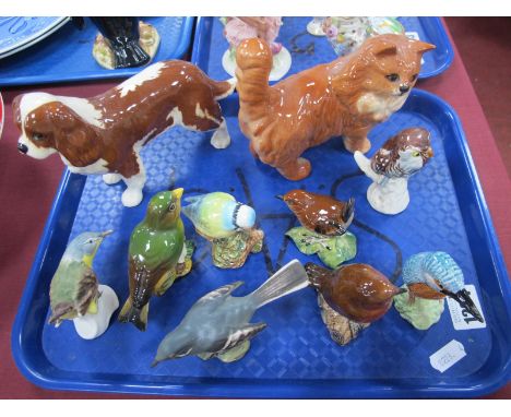 Beswick Spaniel and Cat, six birds, two Goebel birds:- One Tray