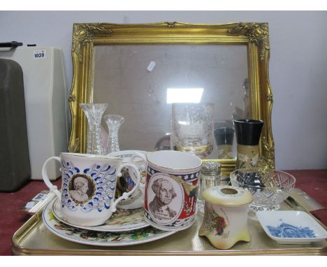 Carlton Ware Hair Tidy, Copenhagen pin tray, other ceramics, glassware:- One Tray; plus gilt framed wall mirror, 49 x 38cm.