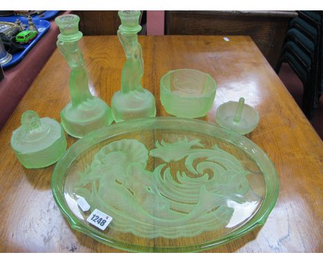 Art Deco Green Glass Trinket Set, featuring Mermaids, comprising oval tray, pair candlesticks ring stand and two jars.