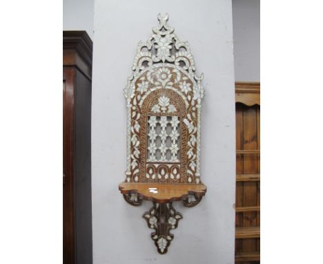 A Pair of Indian Influenced Mother of Pearl Inlaid Hardwood Wall Tidies, 83.5cm high.