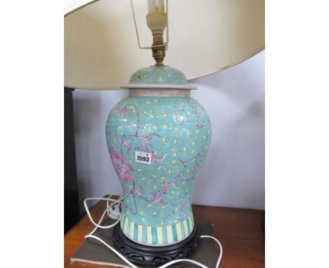 A Mordern Chinese Pottery Table Lamp, on hardwood base (with shade), untested sold for parts only.