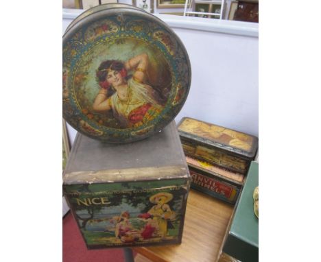 Early XIX Century Tins, including a C.W.S cake tin with a 'Gypsy Queen' painting to lid, an 'Anvil' cream toffee tin, a Crump