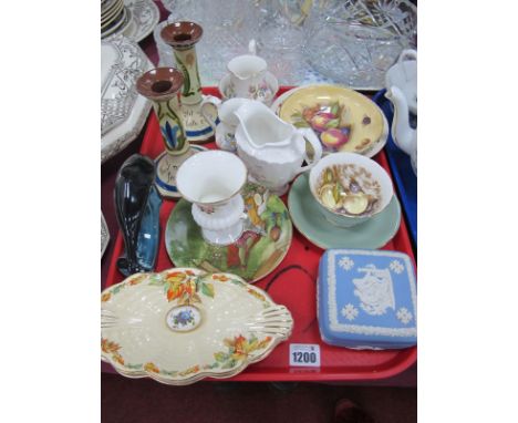 Aynsley D. Jones Bowl, Cup and Saucer, Devon pottery candlesticks, Poole, Wedgwood, etc:- One Tray