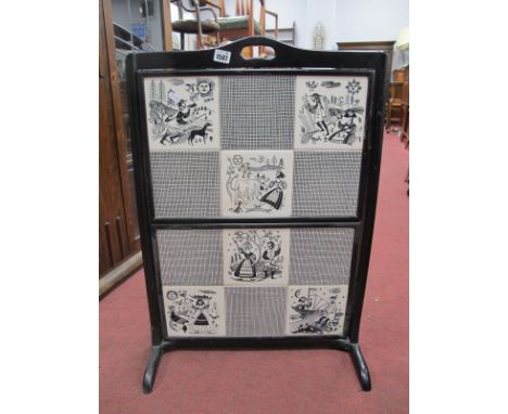 A Vintage Ebonised Folding Two Tier Wat-Not/Fire Screen, decorated with black and white tiles.