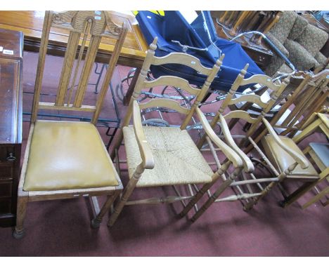 Early XX Century Pair of Oak High Back Dining Chairs, with arched top rails, rail supports, drop in seats, on bun feet, unite