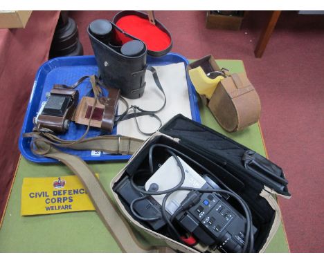 Retinette Camera, JVC video camera. Prinz binoculars, magnifier, Civil Defence Corps arm band, etc:- One Tray.