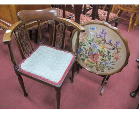 Edwardian Mahogany Corner Chair, with shaped top rail, upholstered seat on circular turned legs; together with a folding fire