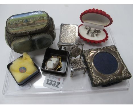 Jerusalem Trinket Box (chipped), silver photo frame, nativity group, cameo brooch, opal stone, miniature table and chair.