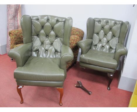 Pair of Green Leather Button Back Easy Chairs, on cabriole legs (one damaged).