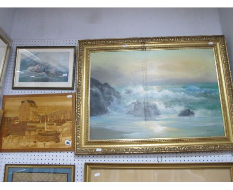 V.de Fales Spanish Artist, oil on canvas of a Seascape, signed bottom right, a Marquetry picture of Sailing Boats, and a prin