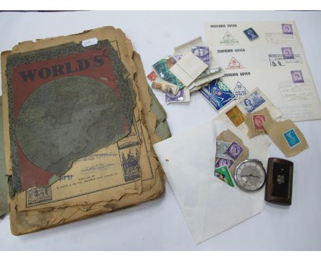 A Record Watch Co, Geneve Gents Pocket Watch, slender in the Art Deco manner. a XIX Century snuff box, quantity of stamps, un