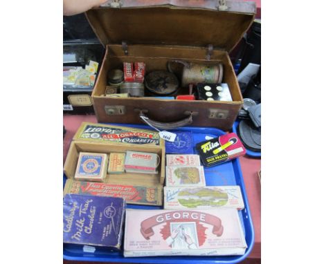 Vintage Advertising - A leather case containing collectable tins, including a 'Hollands Toffee' dice tin, 'Parsley Salmon' ti