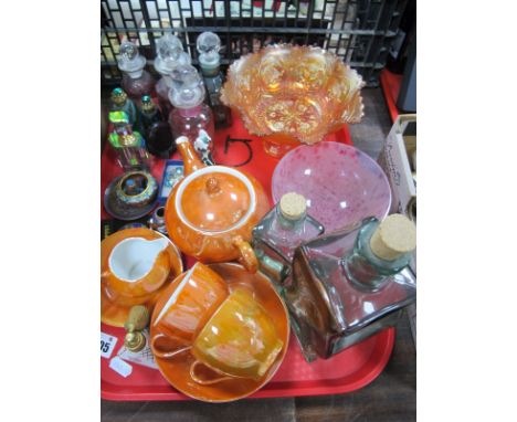 Czech Orange Lustre Tea For Two, Carnival glass bowl, enamelled ware, etc:- One Tray