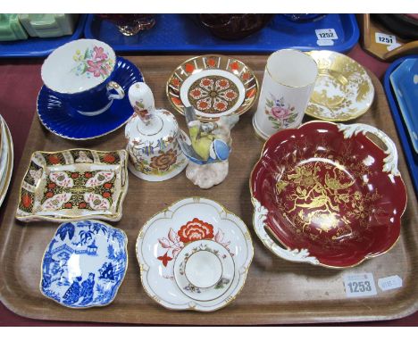 Abbeydale 'Chrysanthemum' Trinket Dish, Royal Crown Derby blue and white trinket dish, Coalport 'Strawberry' miniature cup an