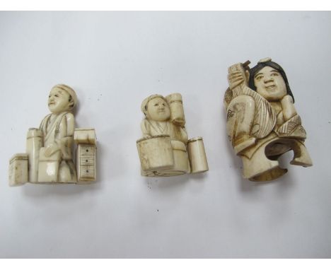 Oriental; Two Bone Figures of Seated Gentlemen by Boxes, the largest 5cm high; similar netsuke. (3)
