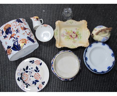 Coalport Oval Planter (cracked), Majolica teapot, Adams blush ivory dish, other ceramics, glass pickle jar:- One Box