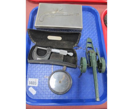 Britains Green Painted Metal Canon, 19.5cm long, gun trinket box, Moore &amp; Wright microscope, dashboard clock.