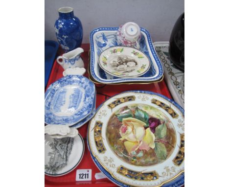 Wedgwood Blue and White Rectangular Dish, XIX Century peacock plate, rose painted plate by T. Dean etc:- One Tray.