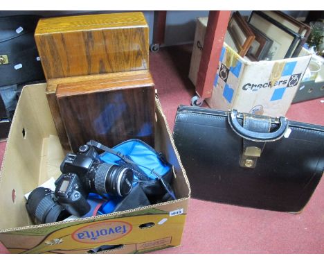 Sigma Zoom 28-200mm Lens, Canon Eos camera, briefcase, cutlery boxes, etc:- One Box