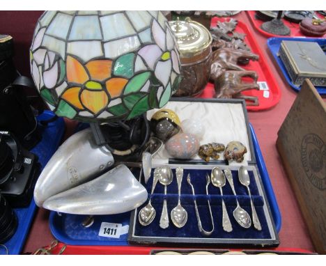 Tiffany Style Table Lamp, mineral egg, ball and hippo, Harrod's shoe trees, cutlery:- One Tray