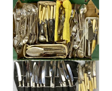 LARGE QUANTITY OF PLATED CUTLERY, including King's pattern canteen, including large ladle and spoon, another part canteen and