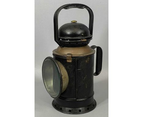 VINTAGE STEEL & BRASS GWR RAILWAY SIGNAL LAMP by T E Bladon & Sons, with original burner, 32cms (h)Provenance: private collec