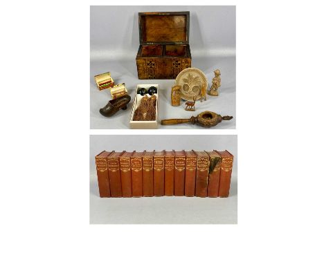 MIXED GROUP OF COLLECTABLES, including a Victorian walnut double tea caddy, parquetry inlaid, hinged domed cover, fitted inte