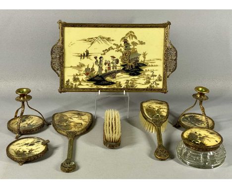 VINTAGE METAL MOUNTED DRESSING TABLE SET, with Far Eastern design, including tray, candlesticks, hand brush and mirror etc.Pr