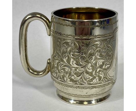 GEORGE V SILVER CHRISTENING MUG, body with scroll engraved decoration and inscribed "Marie Sinclair, Feb 10 1913", plain loop